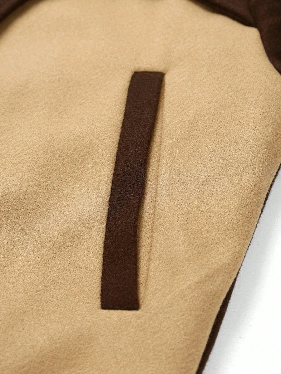 Men's Streetwear Style Brown & Tan Colorblock Zip-Up Cropped Jacket