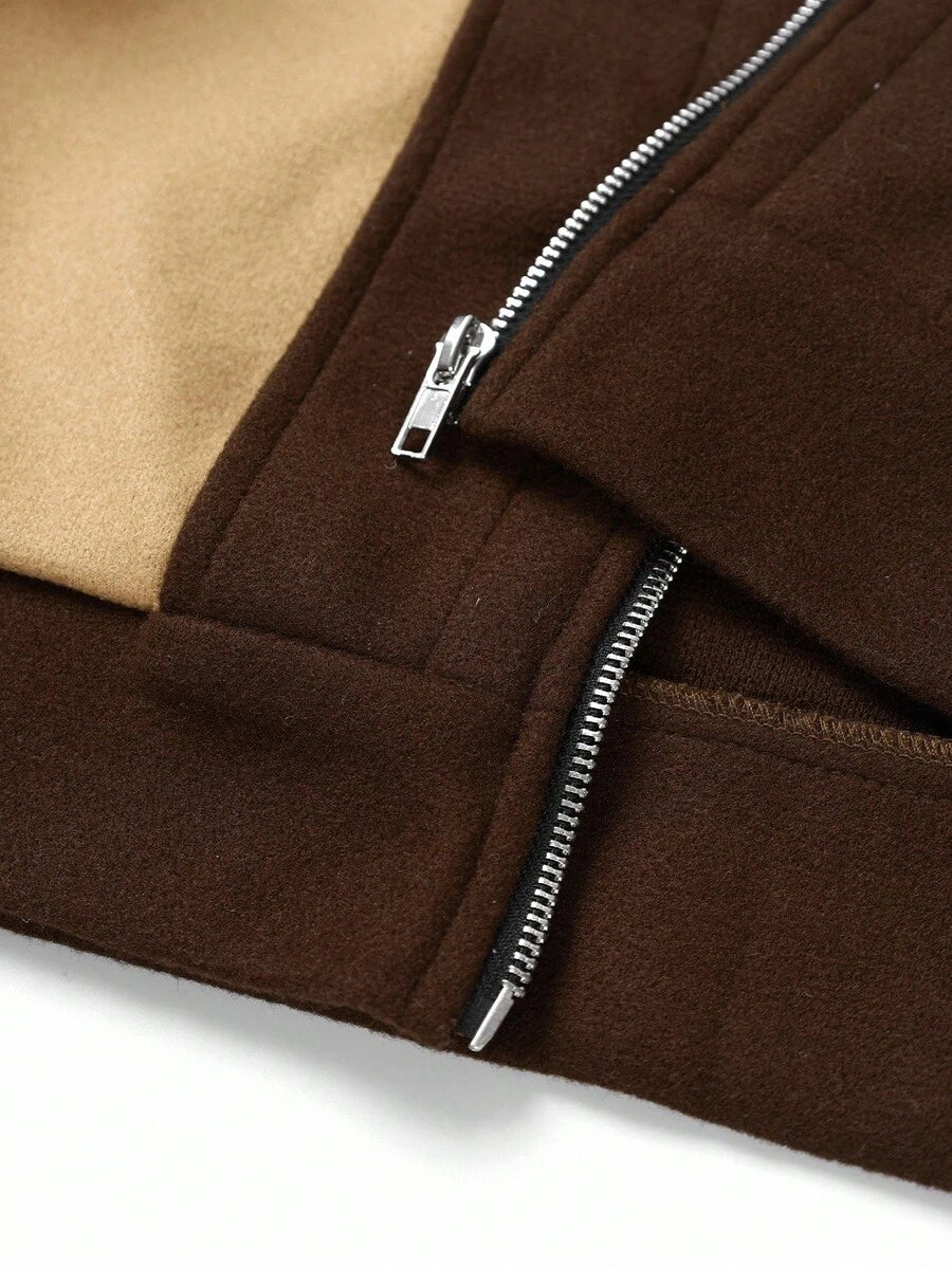 Men's Streetwear Style Brown & Tan Colorblock Zip-Up Cropped Jacket