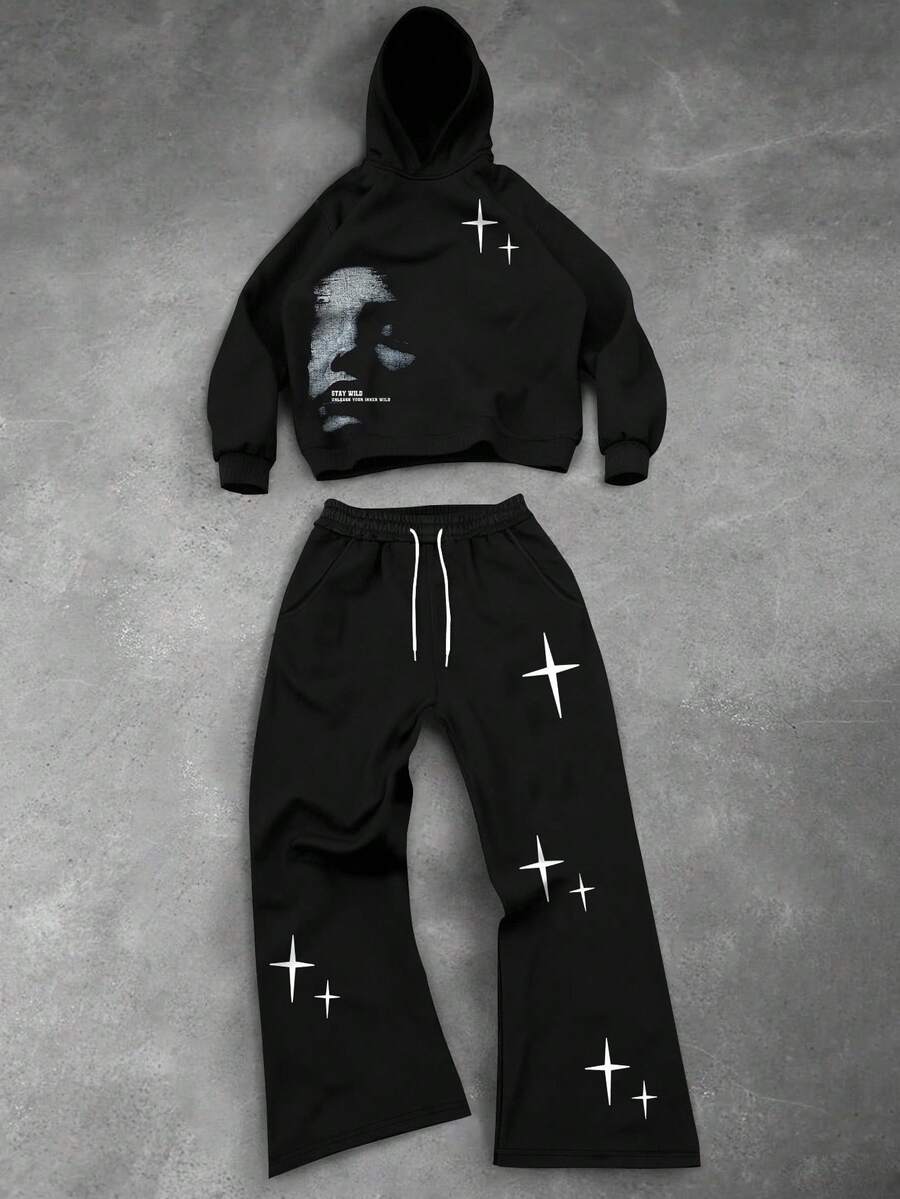 Face Letter Print Hoodie Sweatpants Set