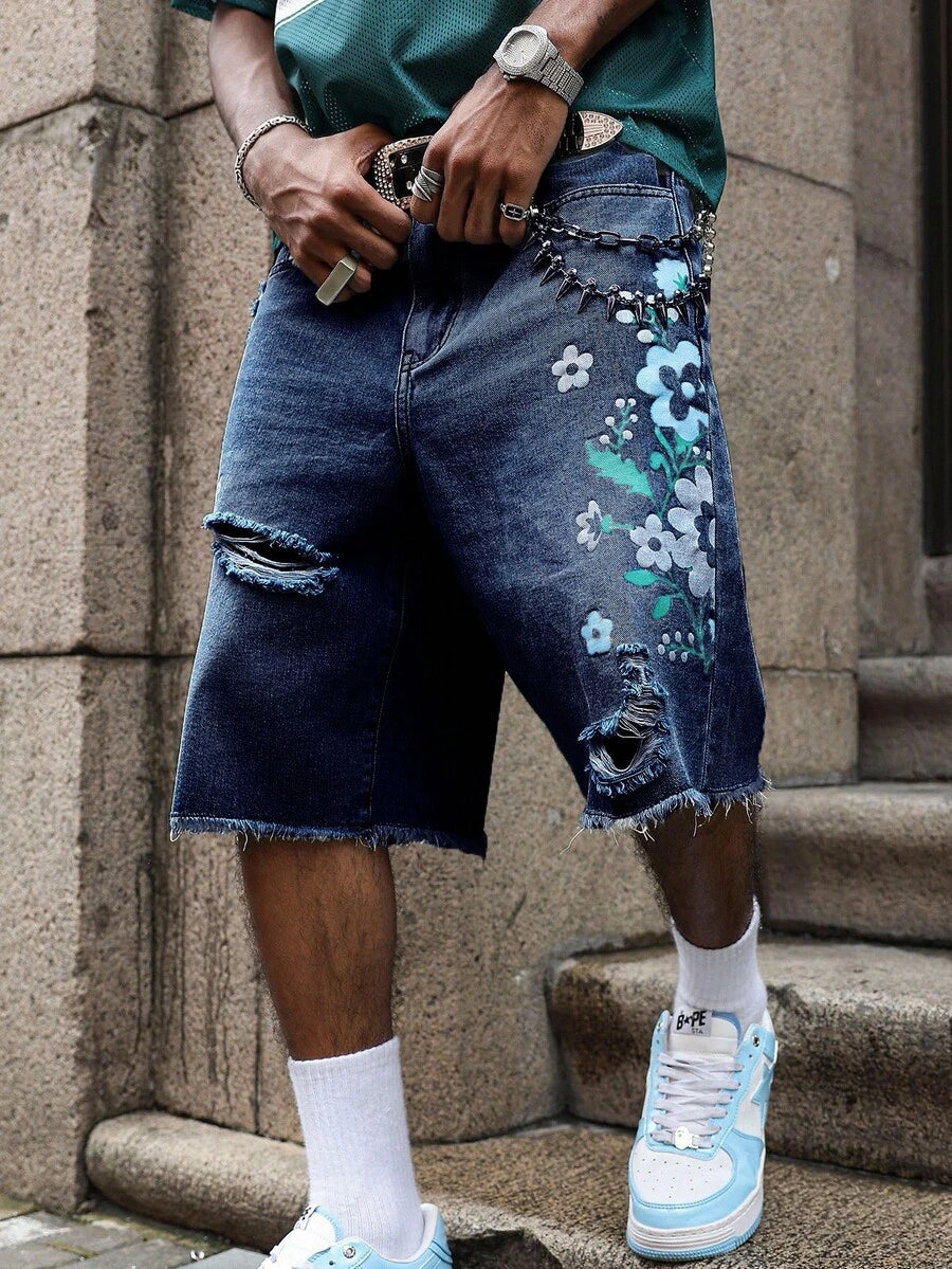 Men's Light Wash Ripped Denim Bermuda Shorts With Floral Retro Design