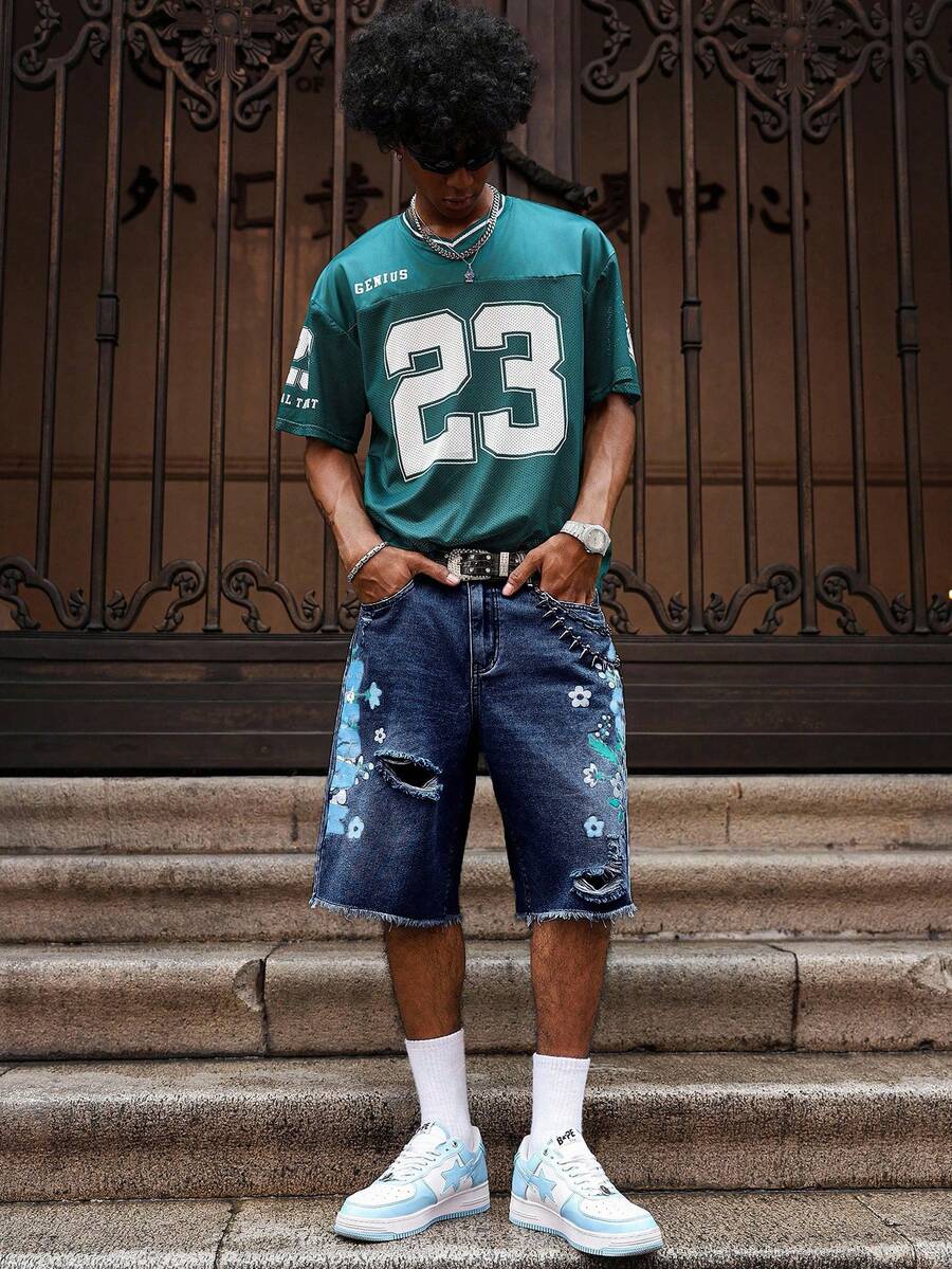 Men's Light Wash Ripped Denim Bermuda Shorts With Floral Retro Design