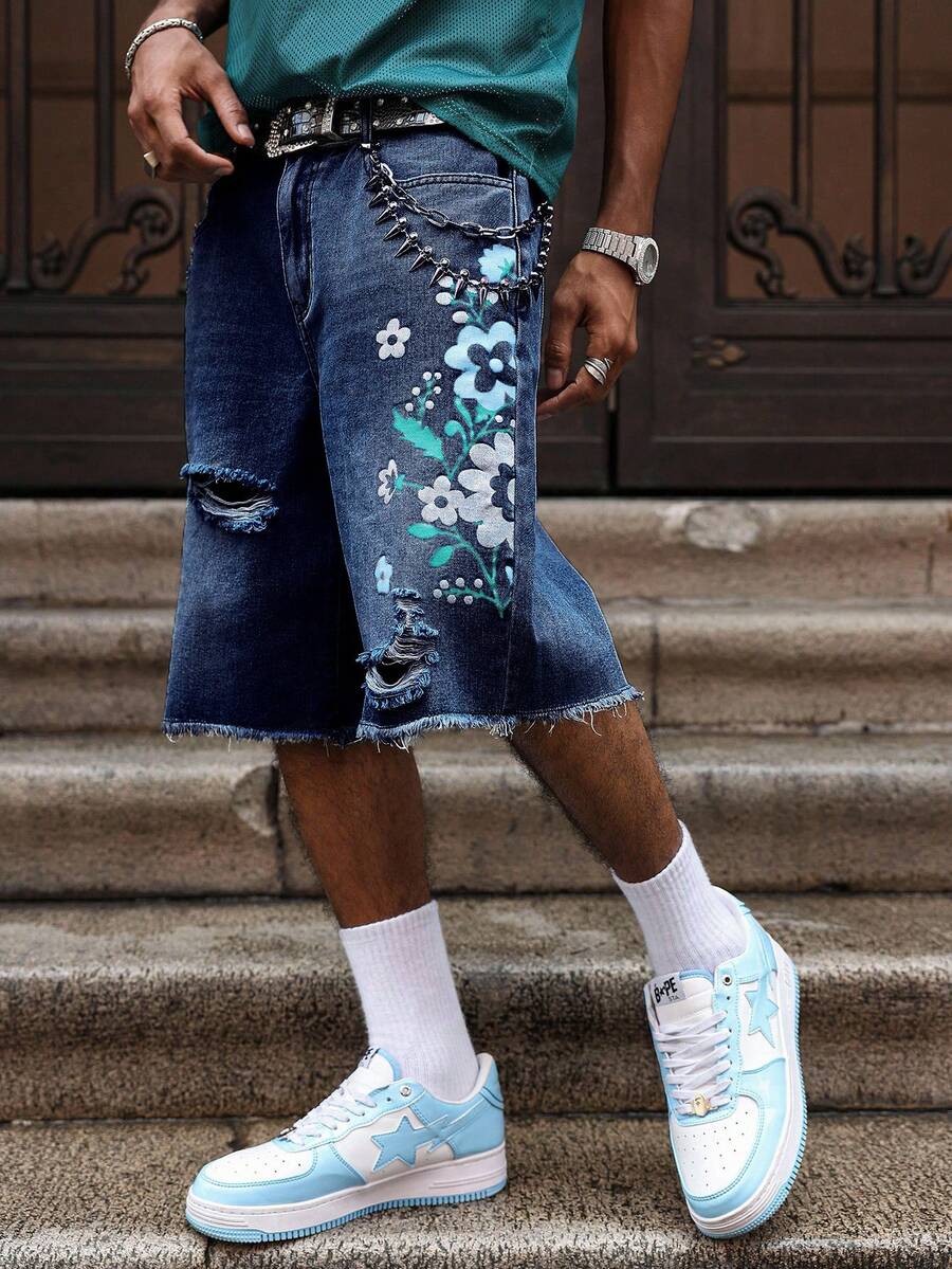 Men's Light Wash Ripped Denim Bermuda Shorts With Floral Retro Design