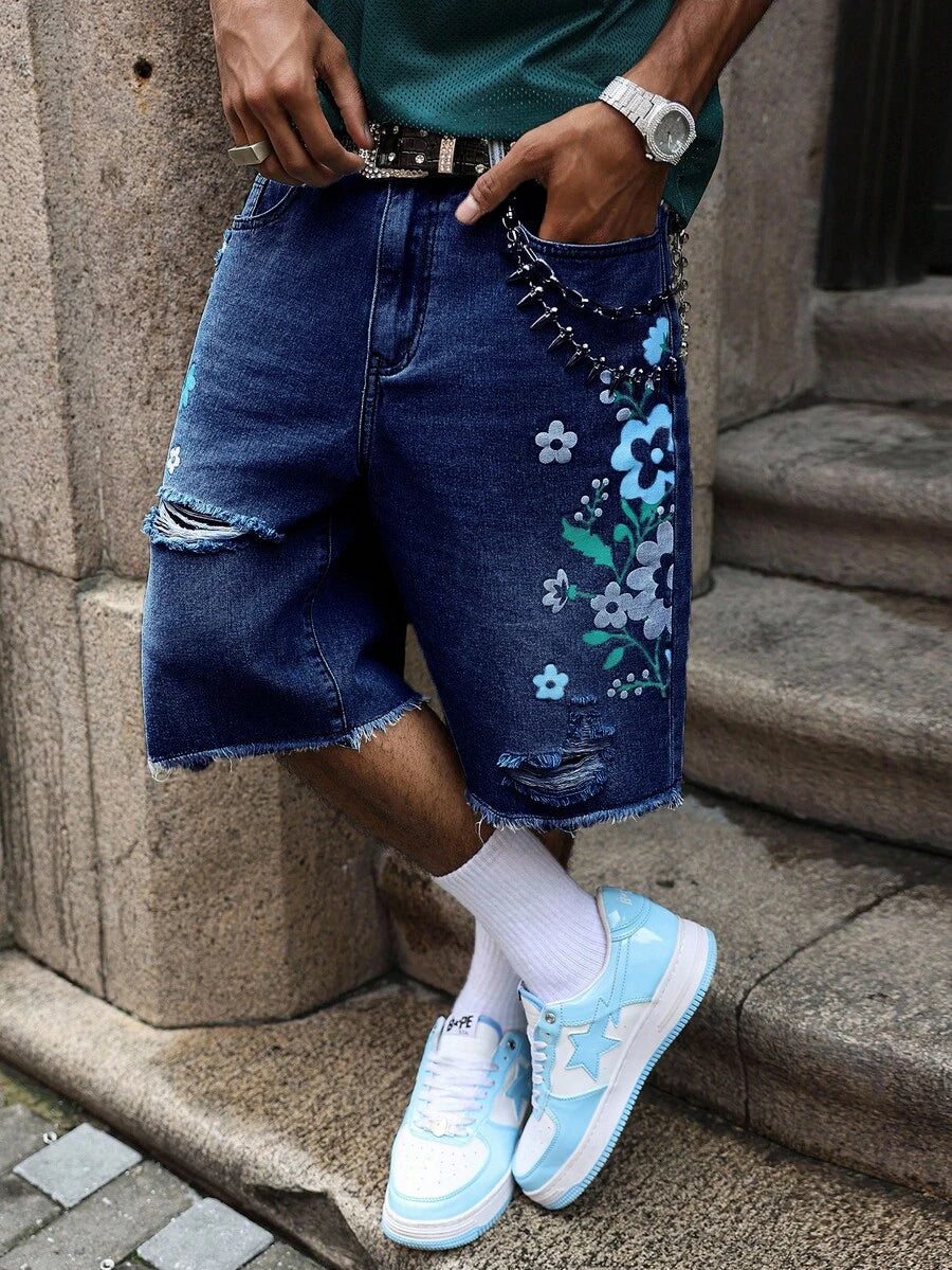 Men's Light Wash Ripped Denim Bermuda Shorts With Floral Retro Design