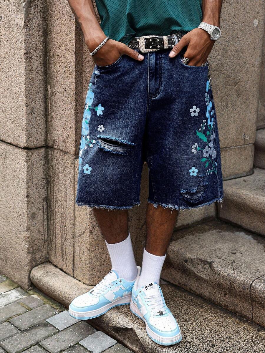 Men's Light Wash Ripped Denim Bermuda Shorts With Floral Retro Design