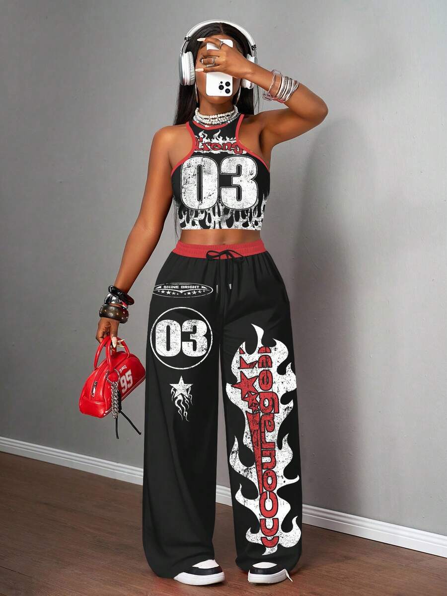 2pcs Women Casual Tight Camisole And Loose Pants Set