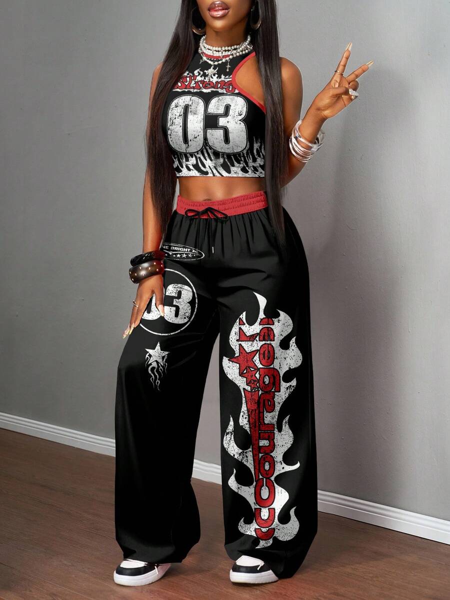 2pcs Women Casual Tight Camisole And Loose Pants Set