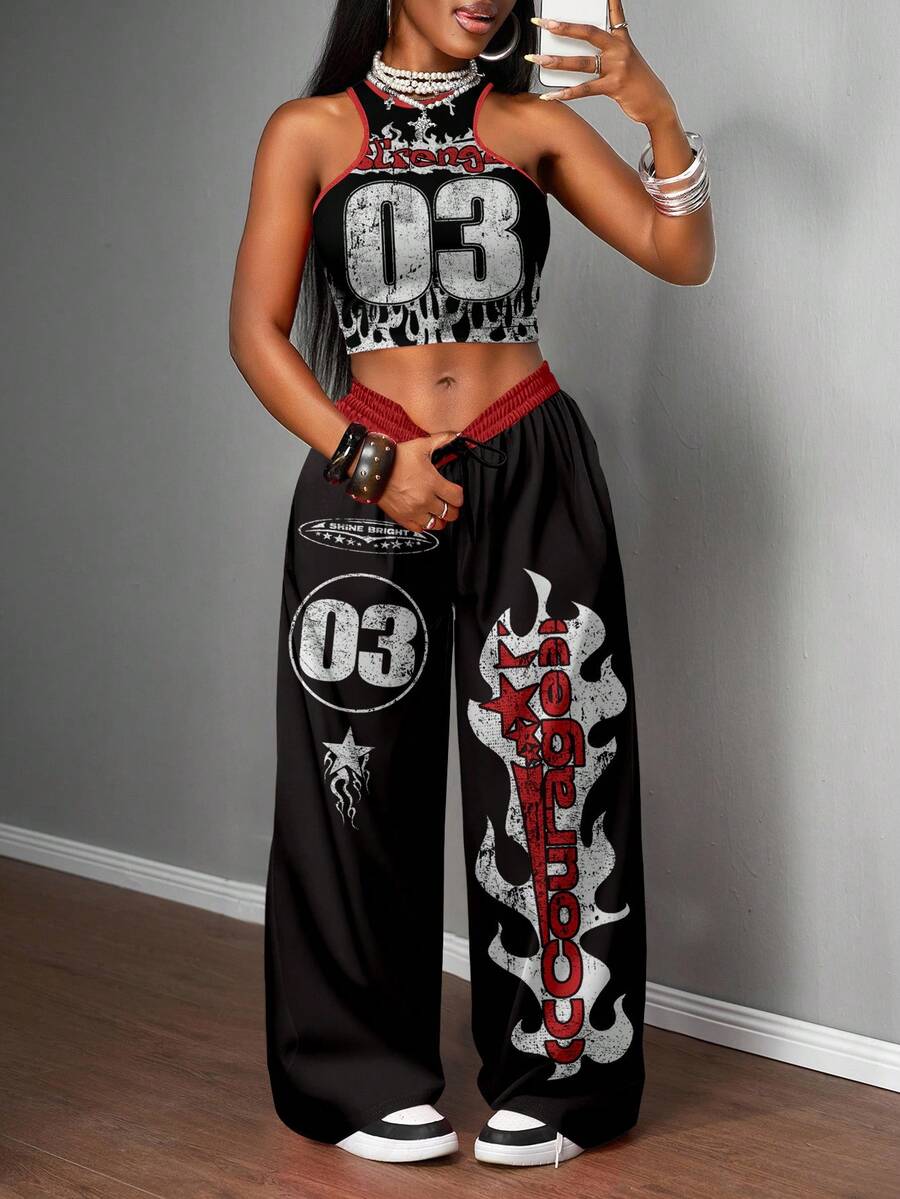 2pcs Women Casual Tight Camisole And Loose Pants Set