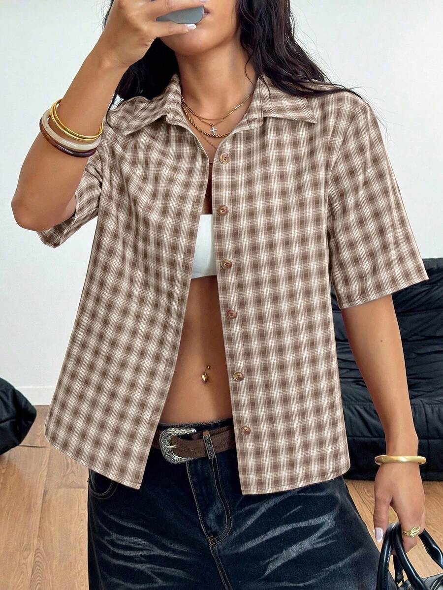 Women Crooped Zip Pocket Short Sleeve Shirt