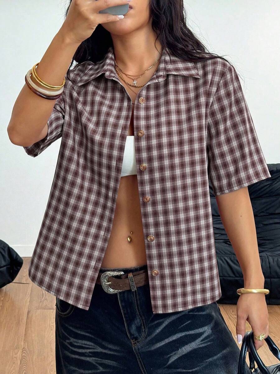 Women Crooped Zip Pocket Short Sleeve Shirt