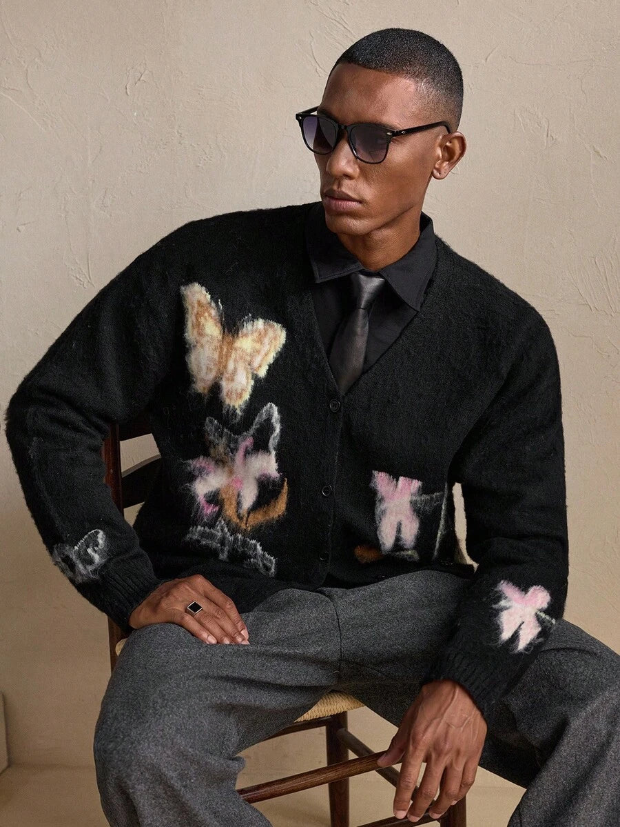 Business Casual Men's Casual Butterfly Jacquard Drop Shoulder Long Sleeve Knitted Cardigan