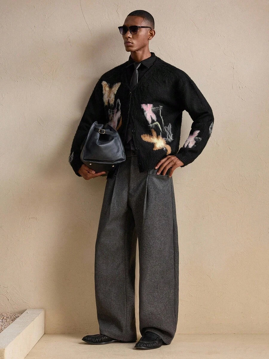 Business Casual Men's Casual Butterfly Jacquard Drop Shoulder Long Sleeve Knitted Cardigan