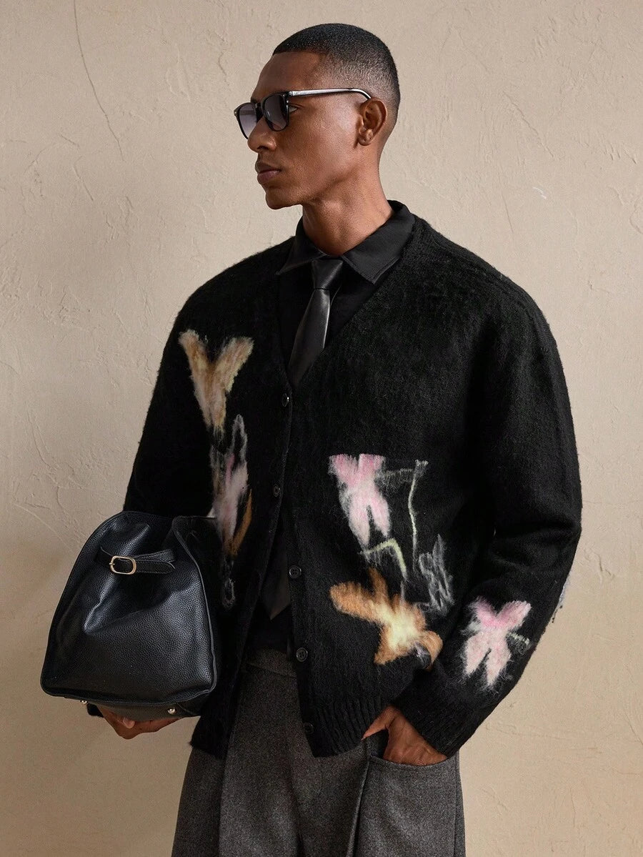 Business Casual Men's Casual Butterfly Jacquard Drop Shoulder Long Sleeve Knitted Cardigan