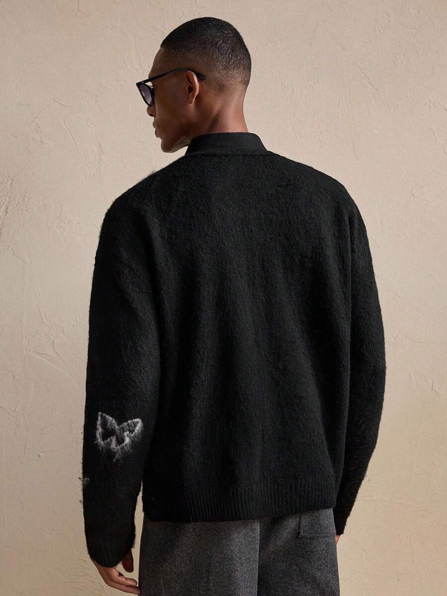 Business Casual Men's Casual Butterfly Jacquard Drop Shoulder Long Sleeve Knitted Cardigan