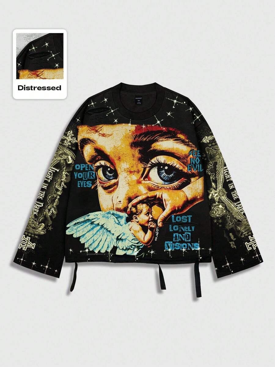Distressed Saint Graphic Print Long Sleeve Crew Neck Men's T-Shirt