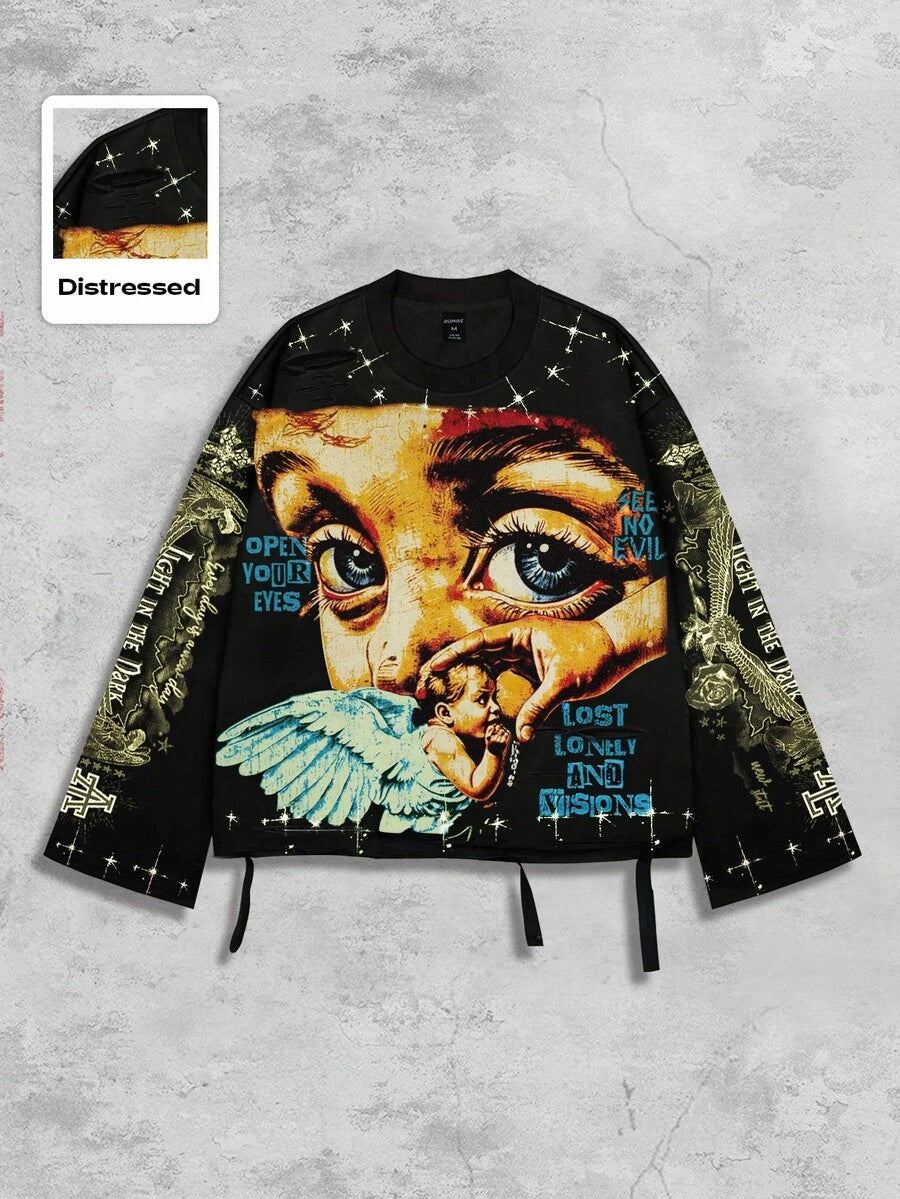 Distressed Saint Graphic Print Long Sleeve Crew Neck Men's T-Shirt