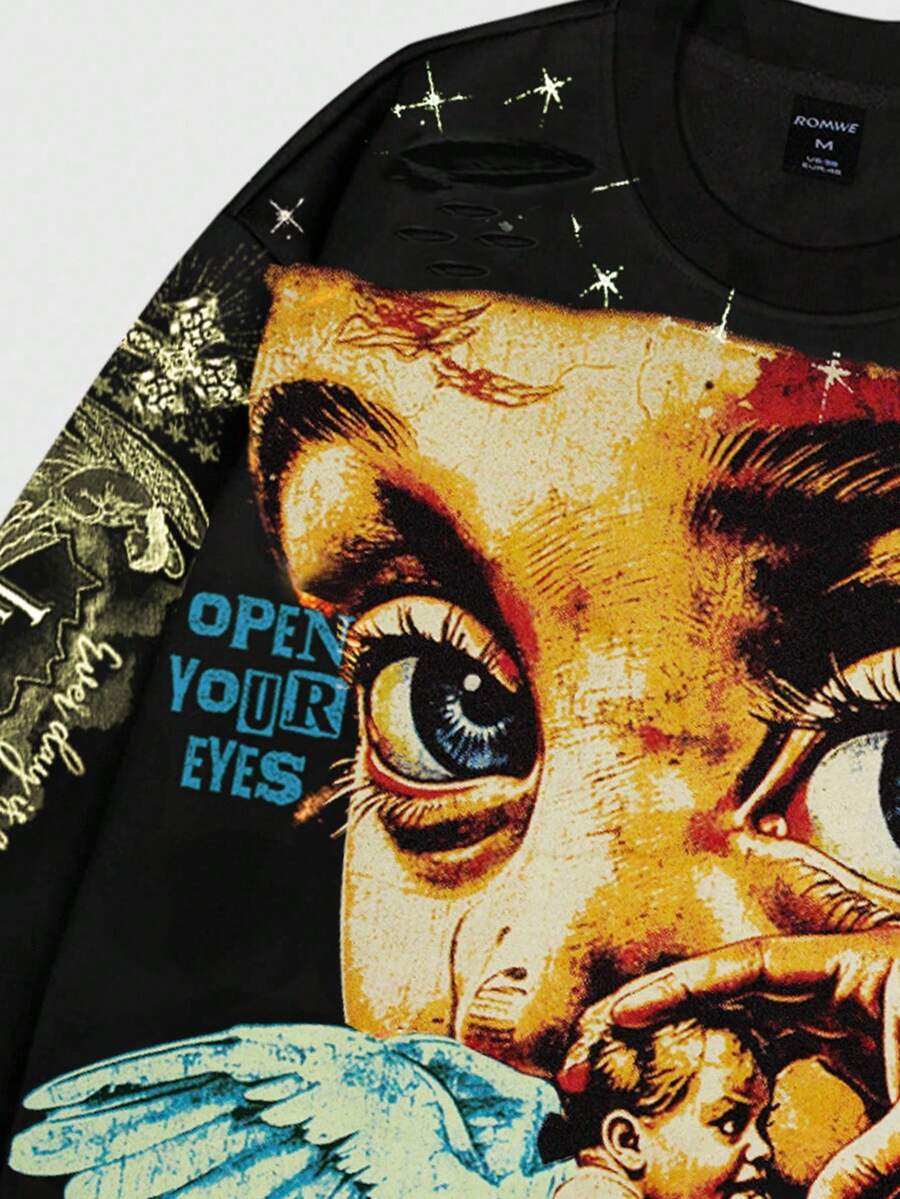 Distressed Saint Graphic Print Long Sleeve Crew Neck Men's T-Shirt