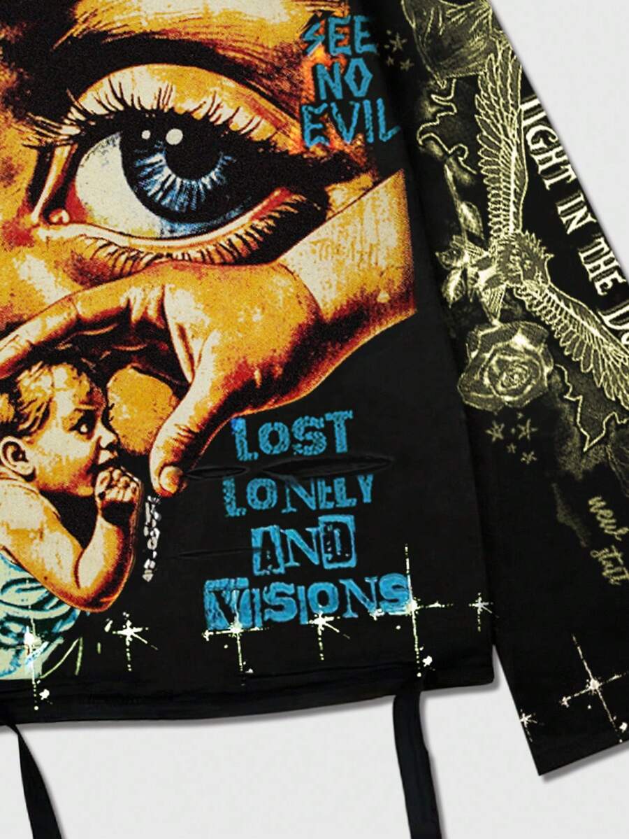 Distressed Saint Graphic Print Long Sleeve Crew Neck Men's T-Shirt