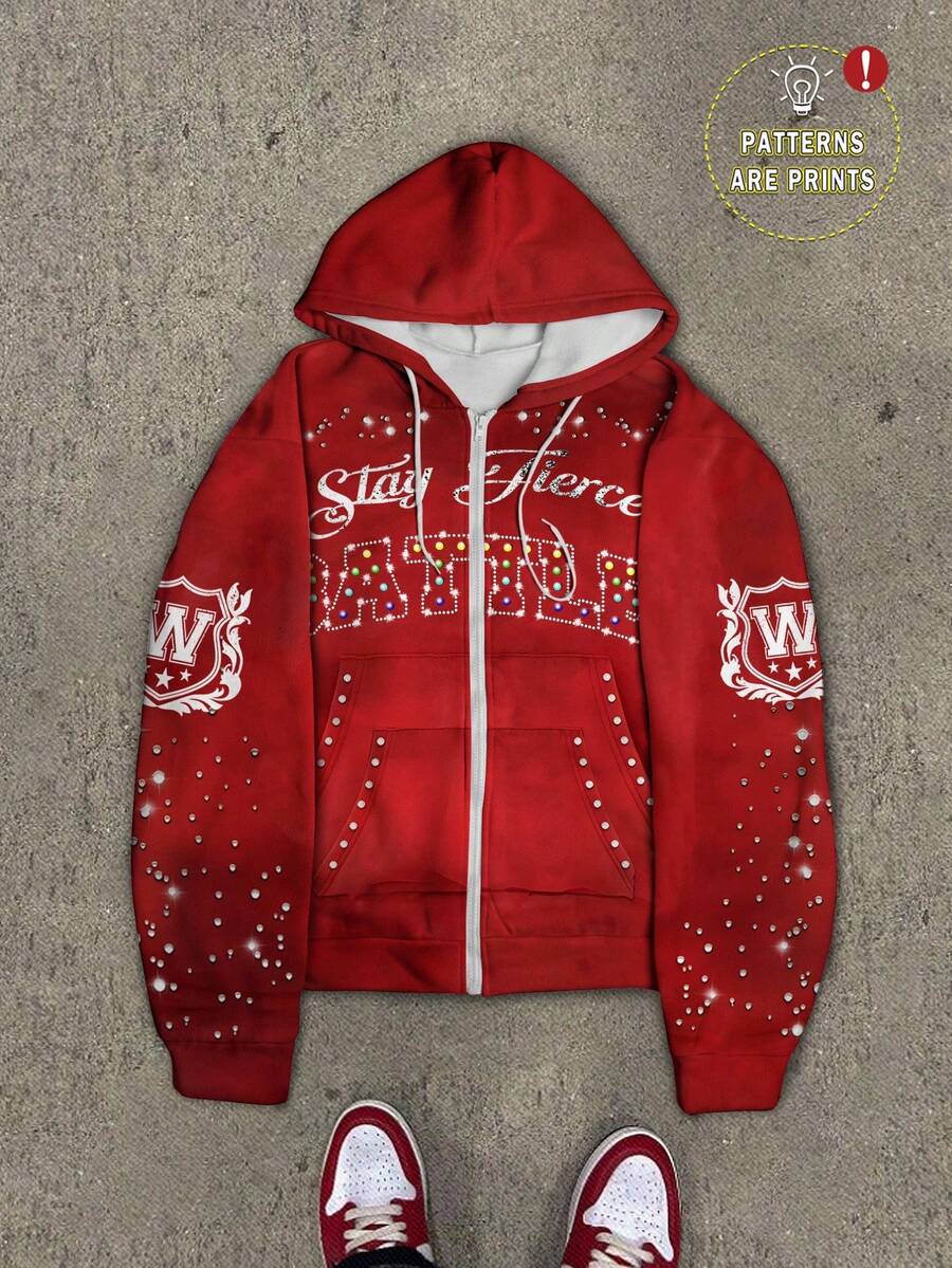 Pentagram Print Zip Front Drawstring Hoodie