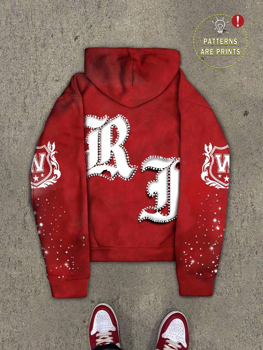 Pentagram Print Zip Front Drawstring Hoodie