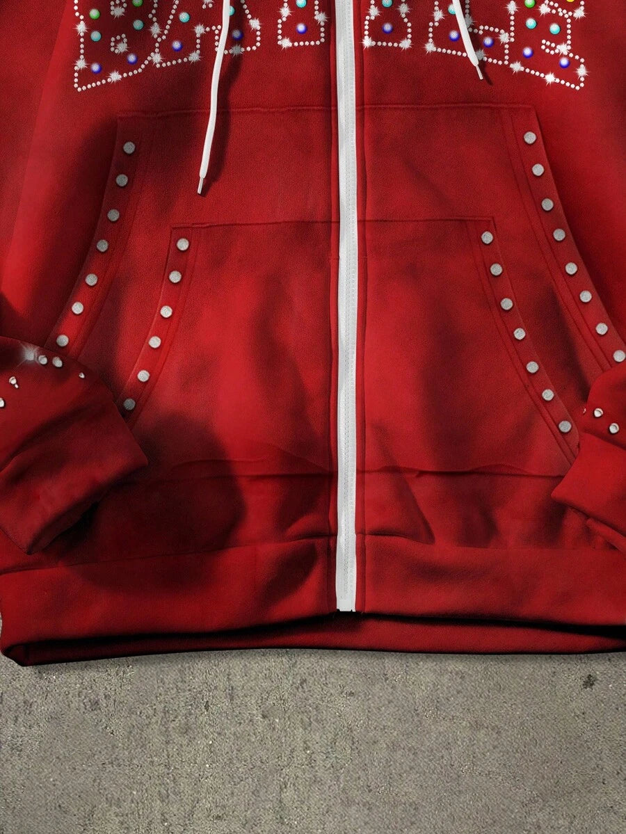 Pentagram Print Zip Front Drawstring Hoodie