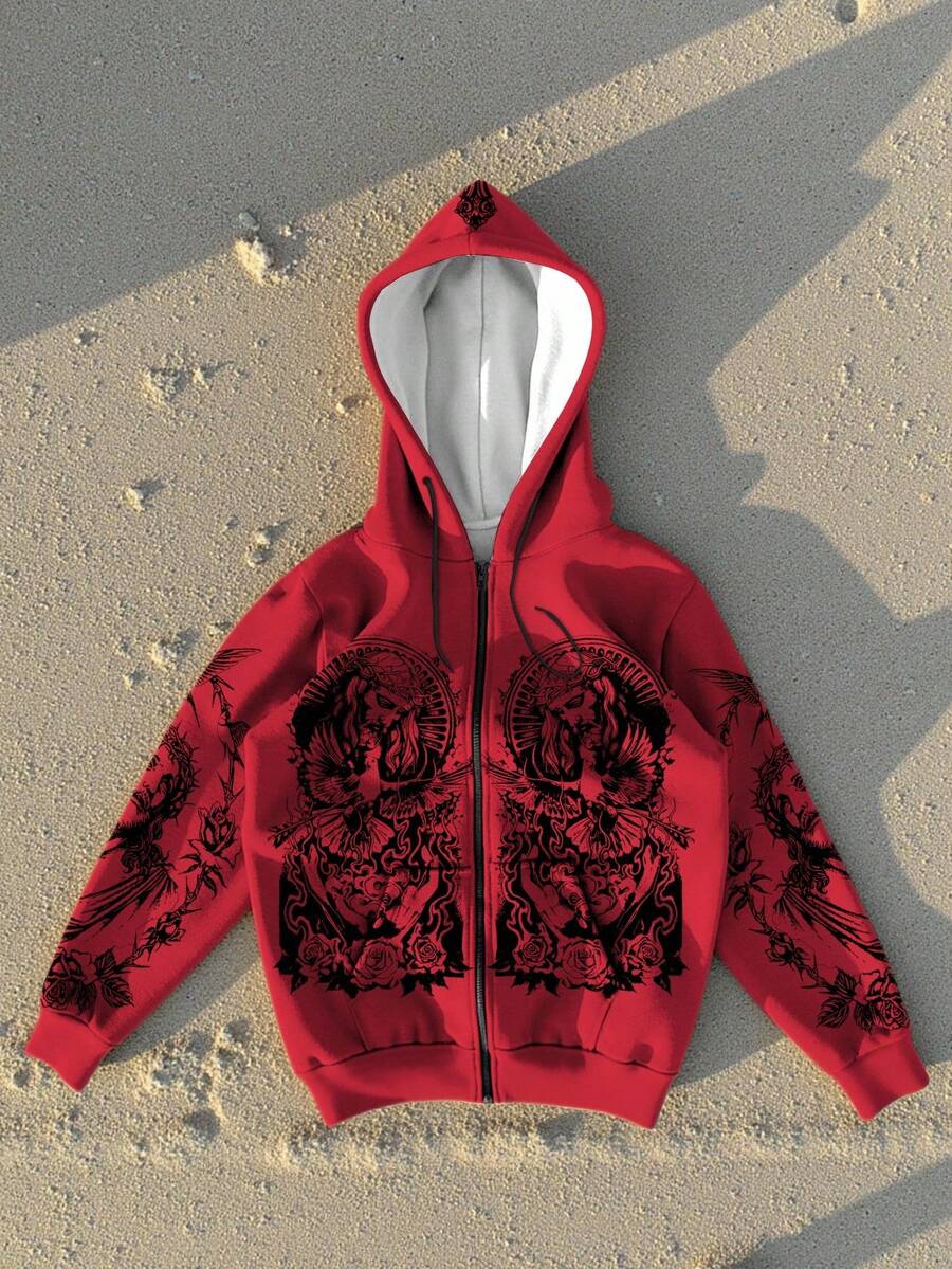 Pentagram Print Zip Front Drawstring Hoodie