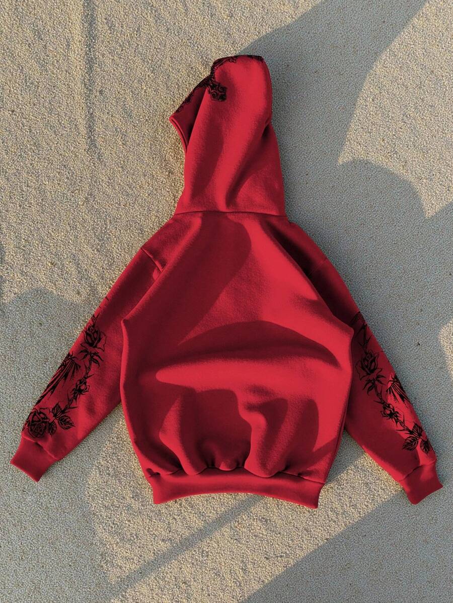 Pentagram Print Zip Front Drawstring Hoodie