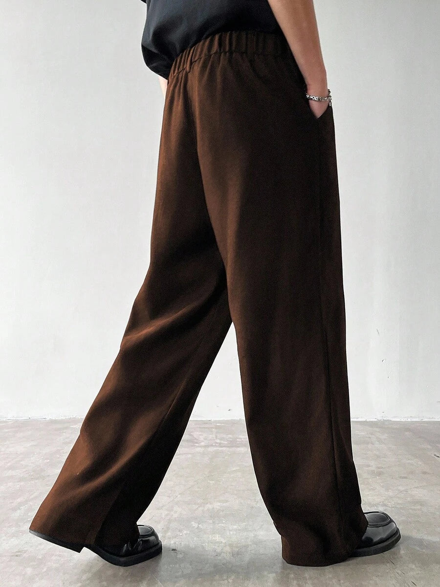 Claim Dot Men's Thick Wide Leg Pants, Solid Color With Pockets, Pleated, Loose Fit, Autumn