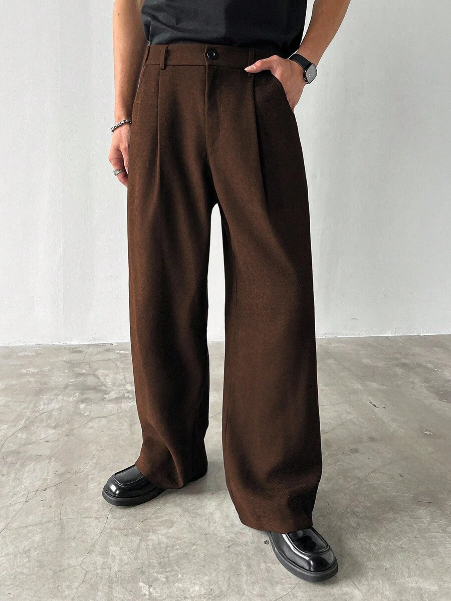 Claim Dot Men's Thick Wide Leg Pants, Solid Color With Pockets, Pleated, Loose Fit, Autumn