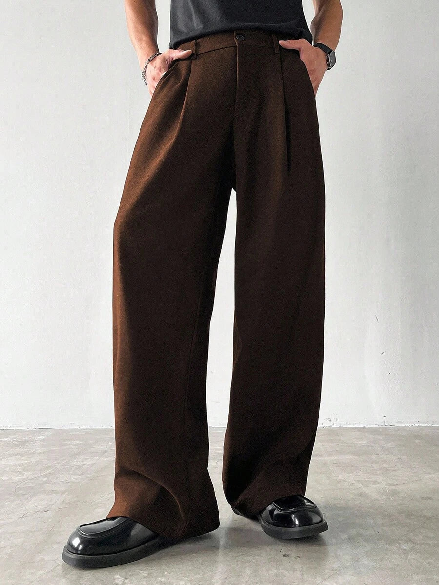 Claim Dot Men's Thick Wide Leg Pants, Solid Color With Pockets, Pleated, Loose Fit, Autumn