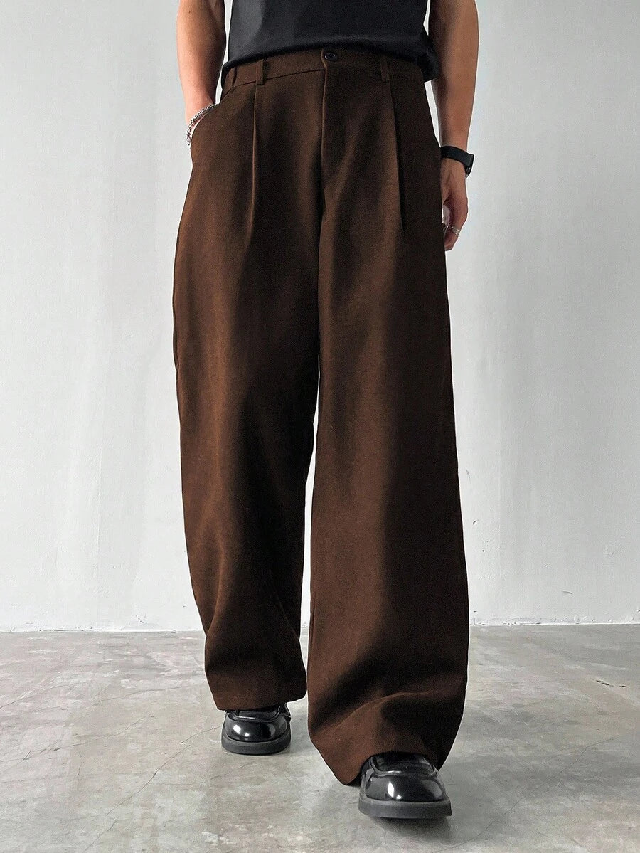 Claim Dot Men's Thick Wide Leg Pants, Solid Color With Pockets, Pleated, Loose Fit, Autumn