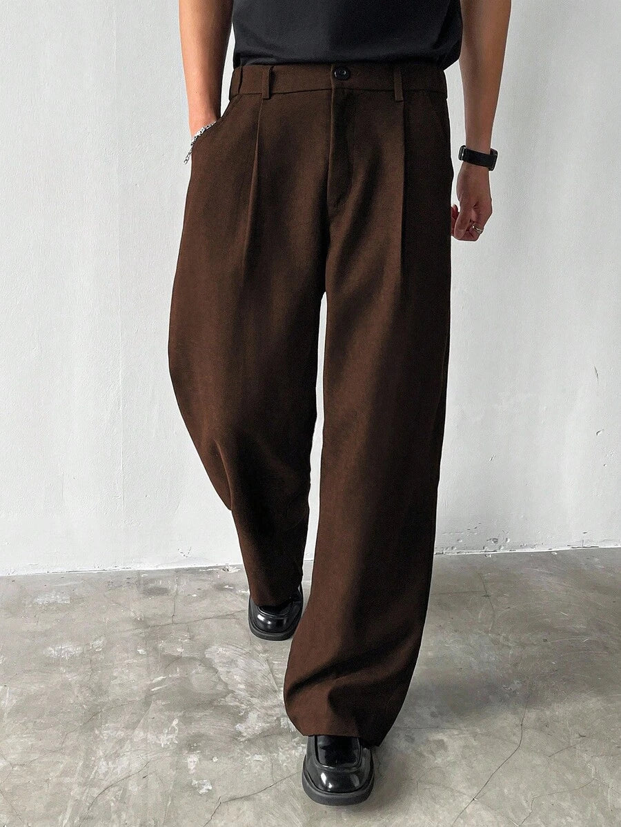 Claim Dot Men's Thick Wide Leg Pants, Solid Color With Pockets, Pleated, Loose Fit, Autumn