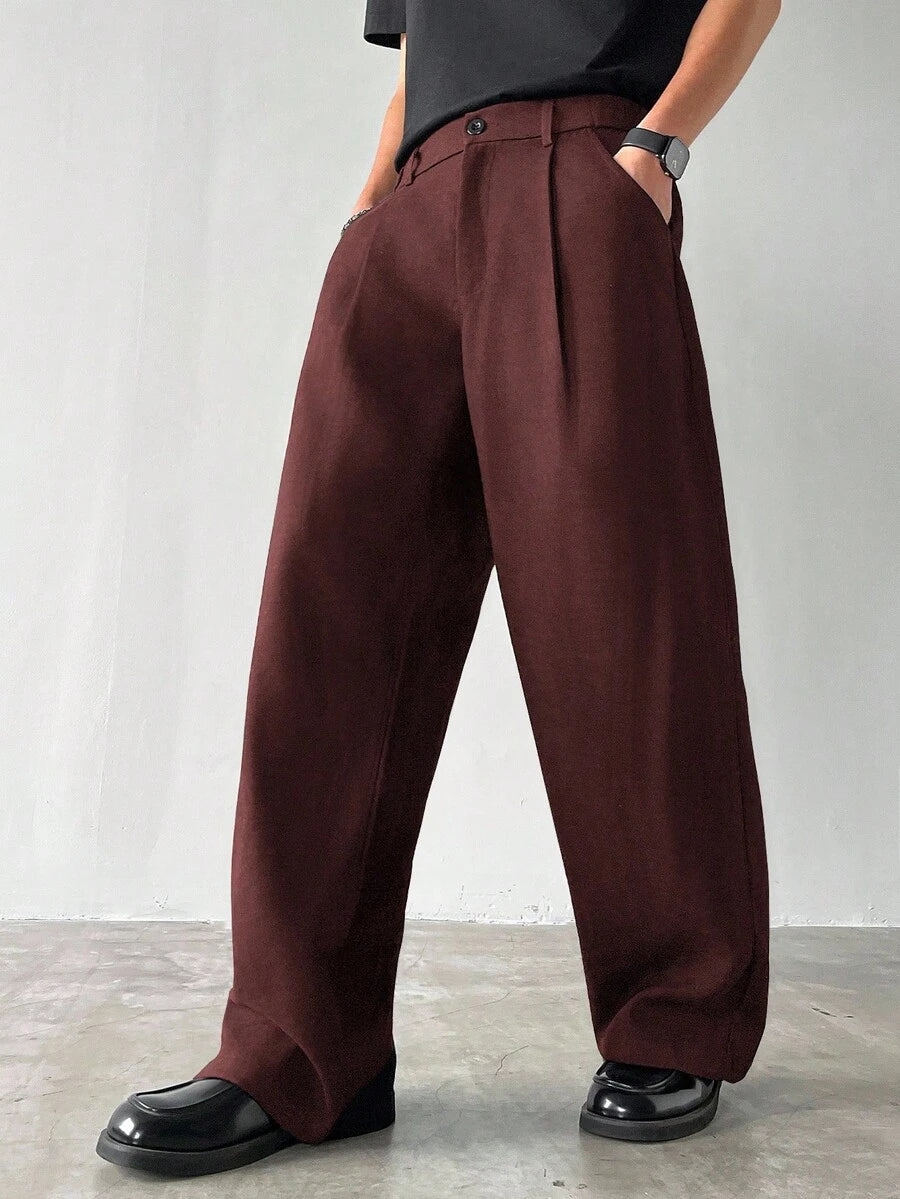 Claim Dot Men's Thick Wide Leg Pants, Solid Color With Pockets, Pleated, Loose Fit, Autumn