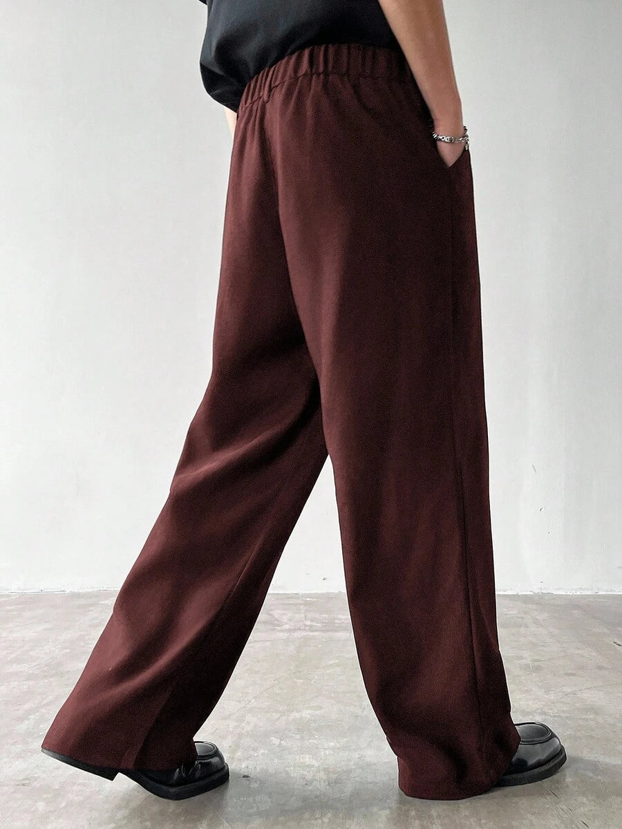 Claim Dot Men's Thick Wide Leg Pants, Solid Color With Pockets, Pleated, Loose Fit, Autumn