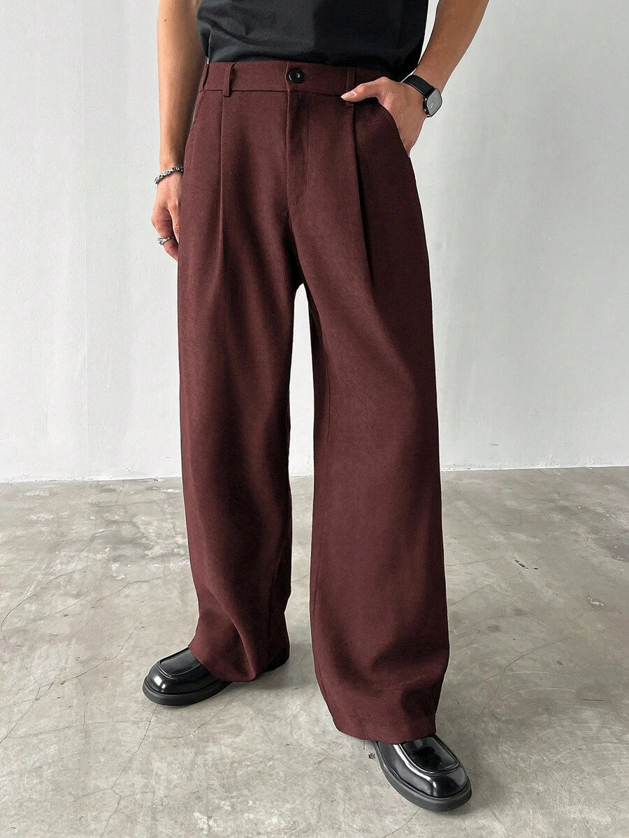 Claim Dot Men's Thick Wide Leg Pants, Solid Color With Pockets, Pleated, Loose Fit, Autumn