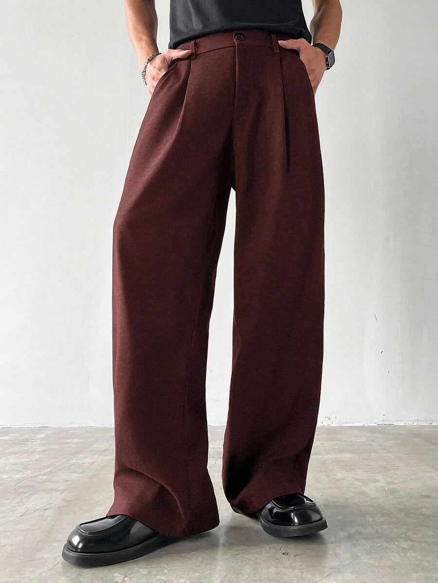 Claim Dot Men's Thick Wide Leg Pants, Solid Color With Pockets, Pleated, Loose Fit, Autumn