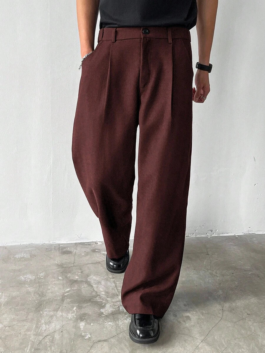 Claim Dot Men's Thick Wide Leg Pants, Solid Color With Pockets, Pleated, Loose Fit, Autumn