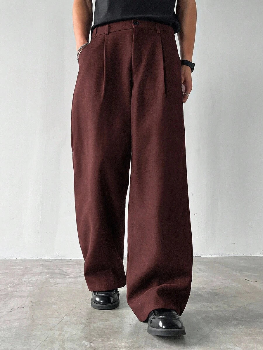 Claim Dot Men's Thick Wide Leg Pants, Solid Color With Pockets, Pleated, Loose Fit, Autumn