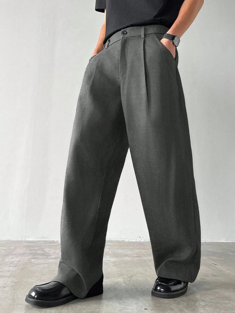 Claim Dot Men's Thick Wide Leg Pants, Solid Color With Pockets, Pleated, Loose Fit, Autumn