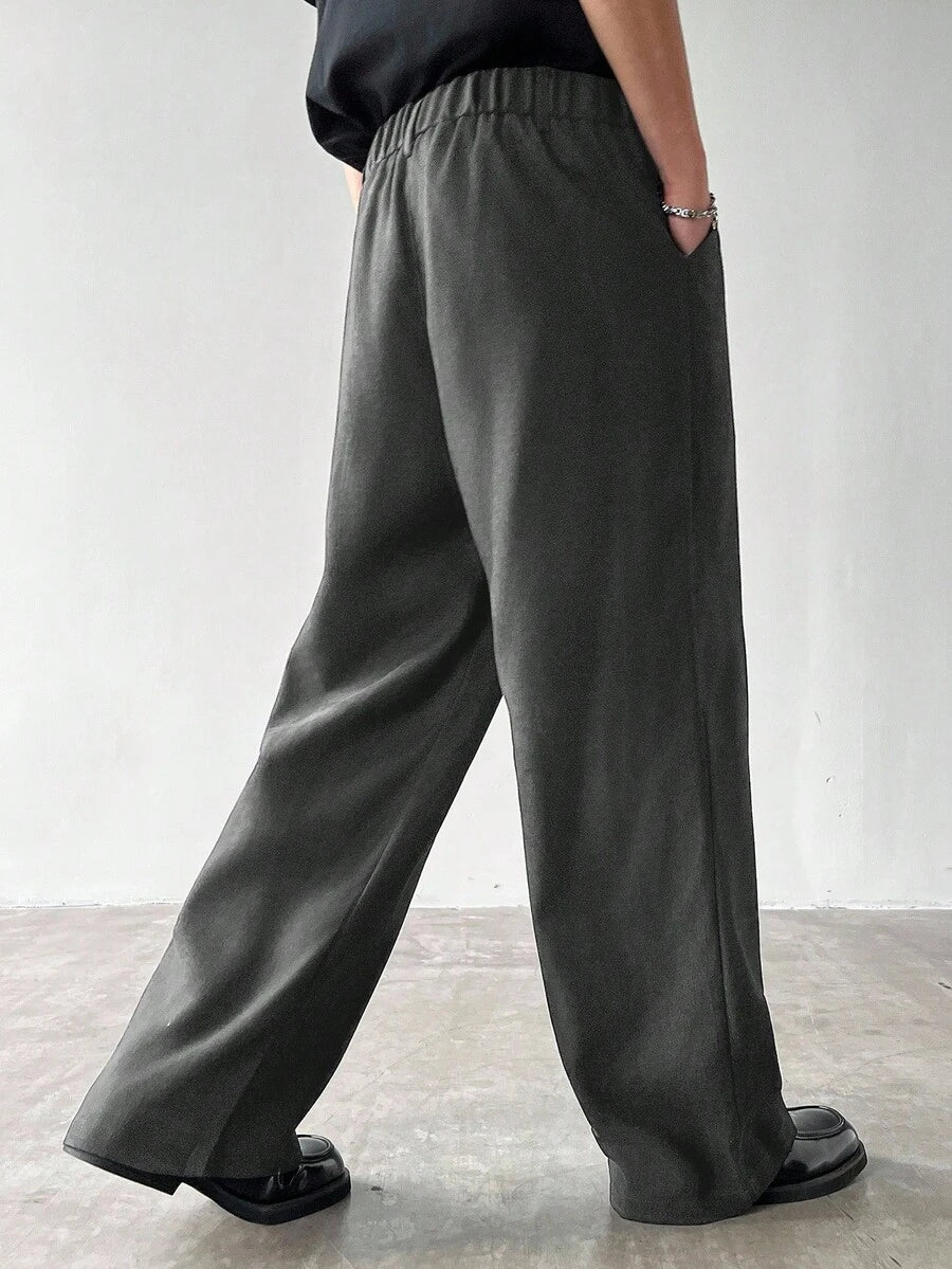 Claim Dot Men's Thick Wide Leg Pants, Solid Color With Pockets, Pleated, Loose Fit, Autumn