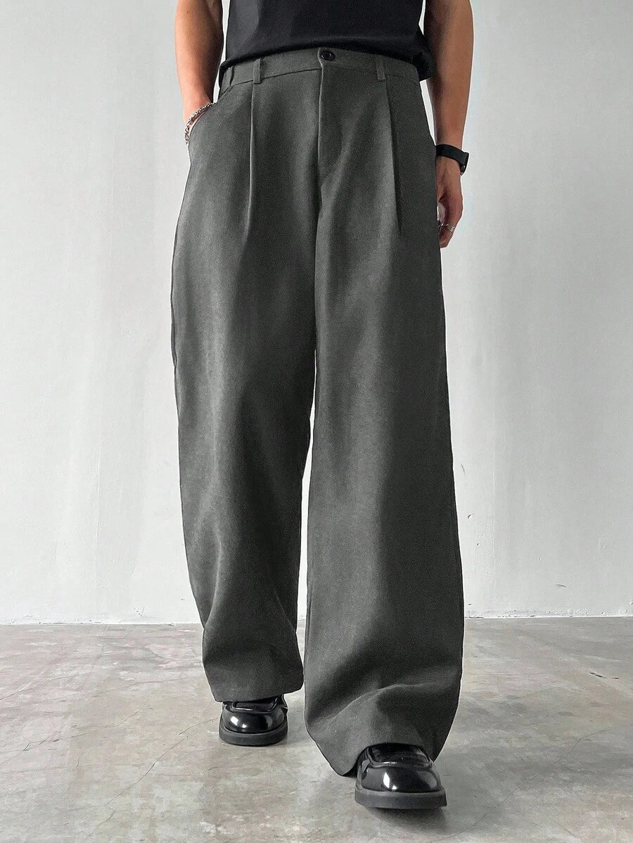 Claim Dot Men's Thick Wide Leg Pants, Solid Color With Pockets, Pleated, Loose Fit, Autumn