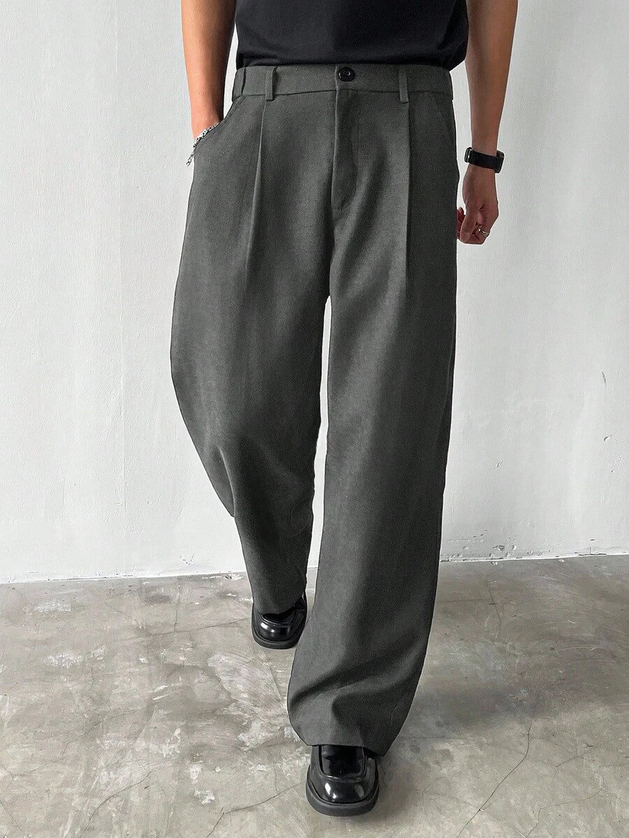 Claim Dot Men's Thick Wide Leg Pants, Solid Color With Pockets, Pleated, Loose Fit, Autumn