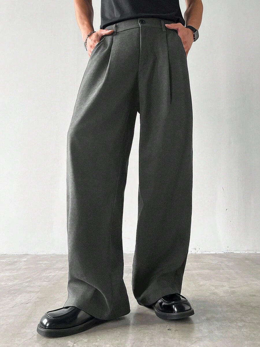 Claim Dot Men's Thick Wide Leg Pants, Solid Color With Pockets, Pleated, Loose Fit, Autumn