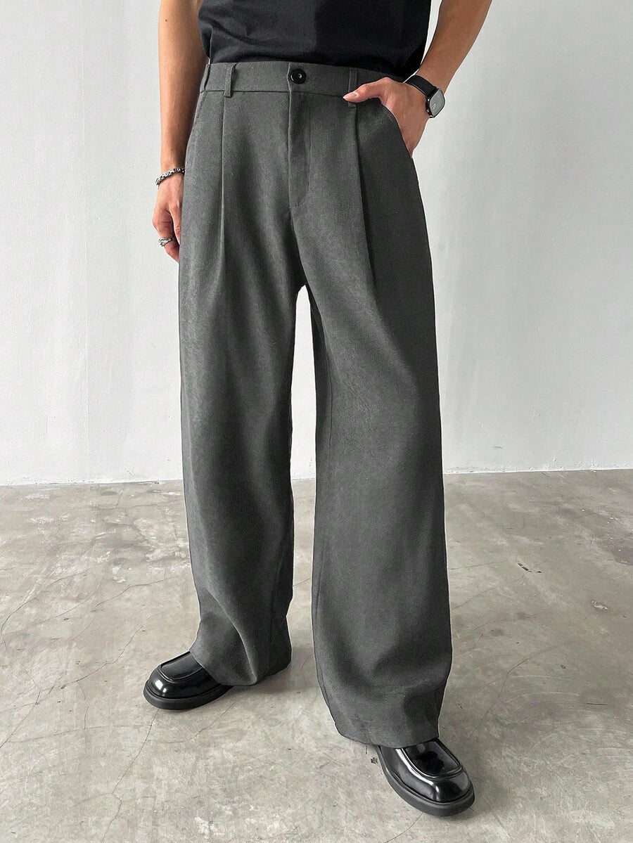 Claim Dot Men's Thick Wide Leg Pants, Solid Color With Pockets, Pleated, Loose Fit, Autumn