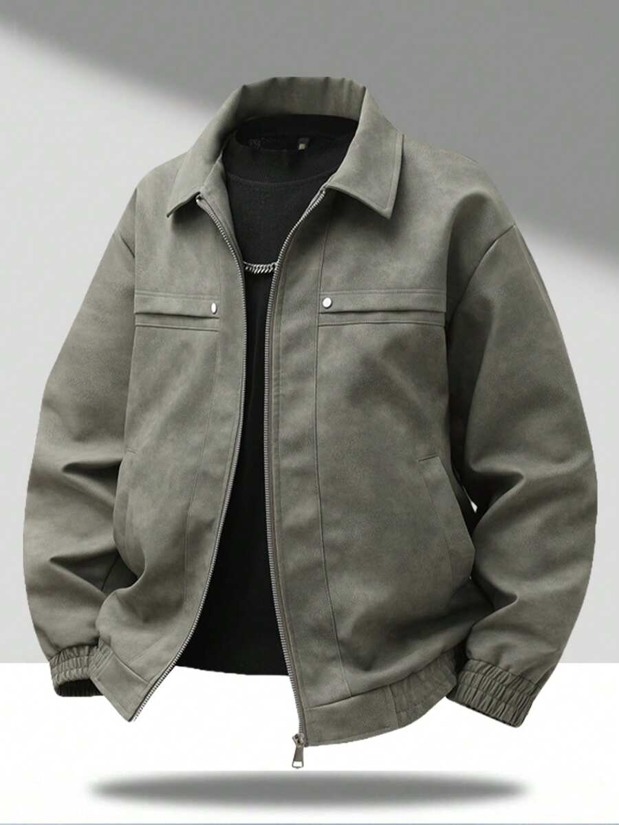Men's Vintage Worn Full Zipper Lapel Leather Jacket