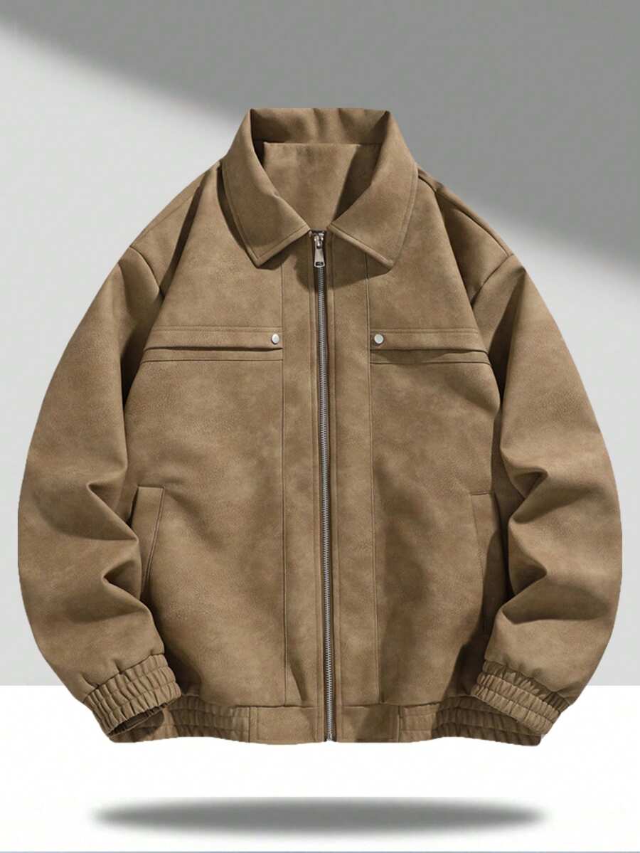 Men's Vintage Worn Full Zipper Lapel Leather Jacket