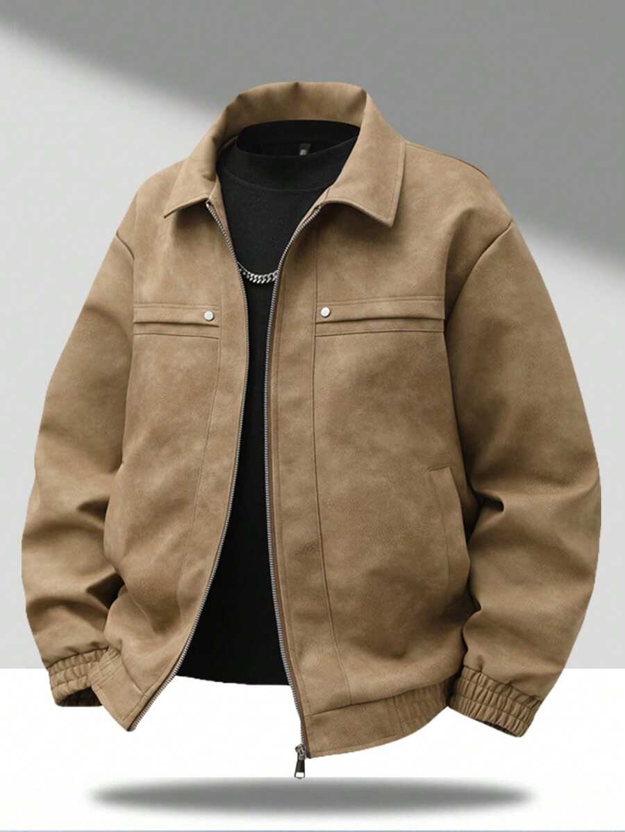 Men's Vintage Worn Full Zipper Lapel Leather Jacket