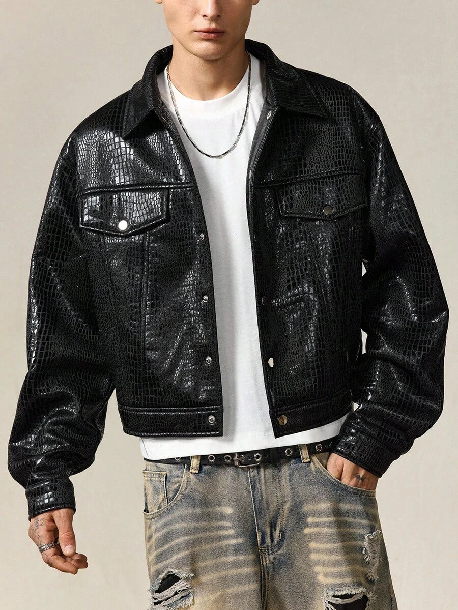 Men's Faux Crocodile Texture Single-Breasted Loose Fit Jacket Coat