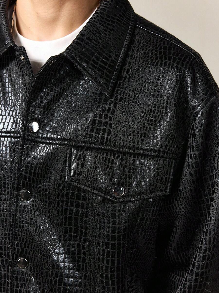 Men's Faux Crocodile Texture Single-Breasted Loose Fit Jacket Coat