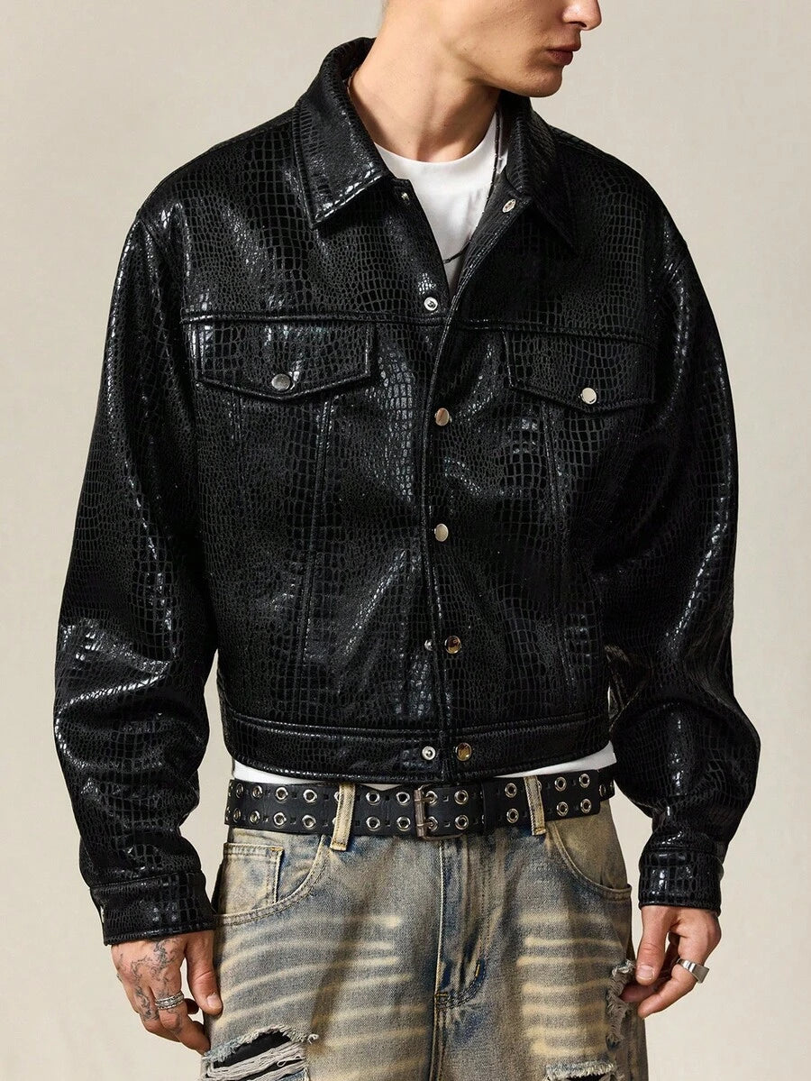 Men's Faux Crocodile Texture Single-Breasted Loose Fit Jacket Coat