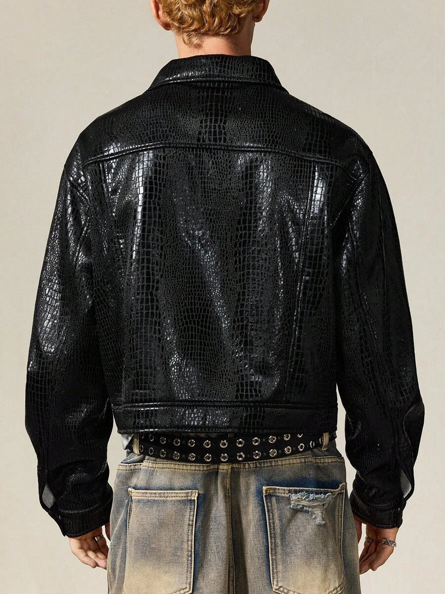 Men's Faux Crocodile Texture Single-Breasted Loose Fit Jacket Coat